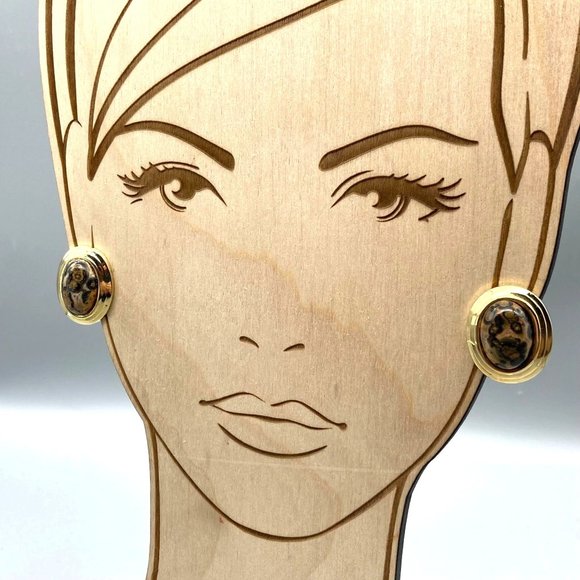 Ocean Jasper Oval Cabochon Earrings in Tiered Gold Tone Frames, Vintage Clip On - Picture 4 of 5